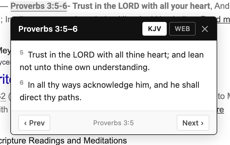 The extension’s verse card showing Proverbs 3:5–6 in the King James Version, with Prev and Next buttons